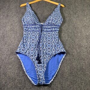 Tommy Bahama One Piece Swimsuit Womens 14 Blue Tile Print Tassel Lace Up Coastal